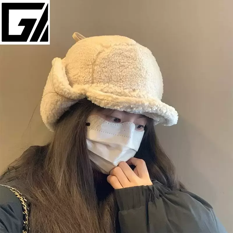 保暖毛绒雷锋帽冬季骑车防风滑雪东北飞行帽纯色简约防寒护耳帽子