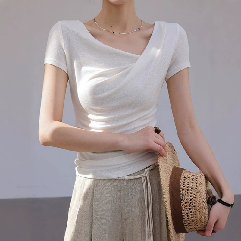 Lyocell Tencel Wool Short-Sleeve T-Shirt for Women, Summer Style with Asymmetrical Neckline, Ruched Design, Slimming Effect, Solid Color, 2026 New Model Lyocell Tencel Wool Short-Sleeve T-Shirt for Women, Summer Style with Asymmetrical Neckline, Ruched Design, Slimming Effect, Solid Color, 2026 New Model