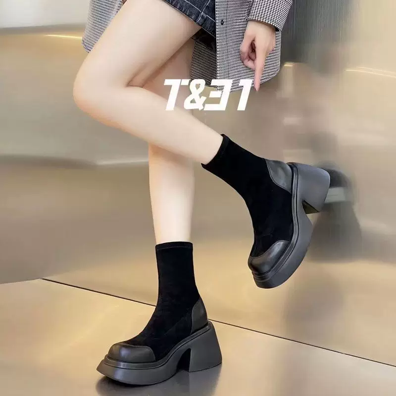 High demi-season elastic low boots platform