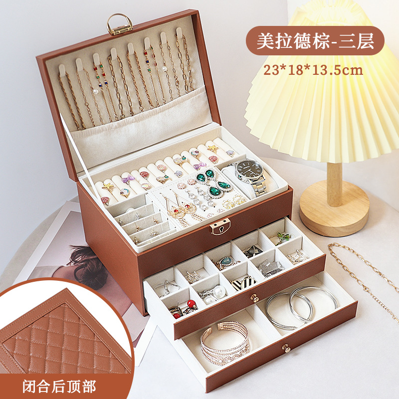 Caja de joyería de lujo ligera de té, pernos multicapa de gran capacidad con cerradura, caja de joyería, joyería de auriculares, almacenamiento de joyería tipo cajón image 11