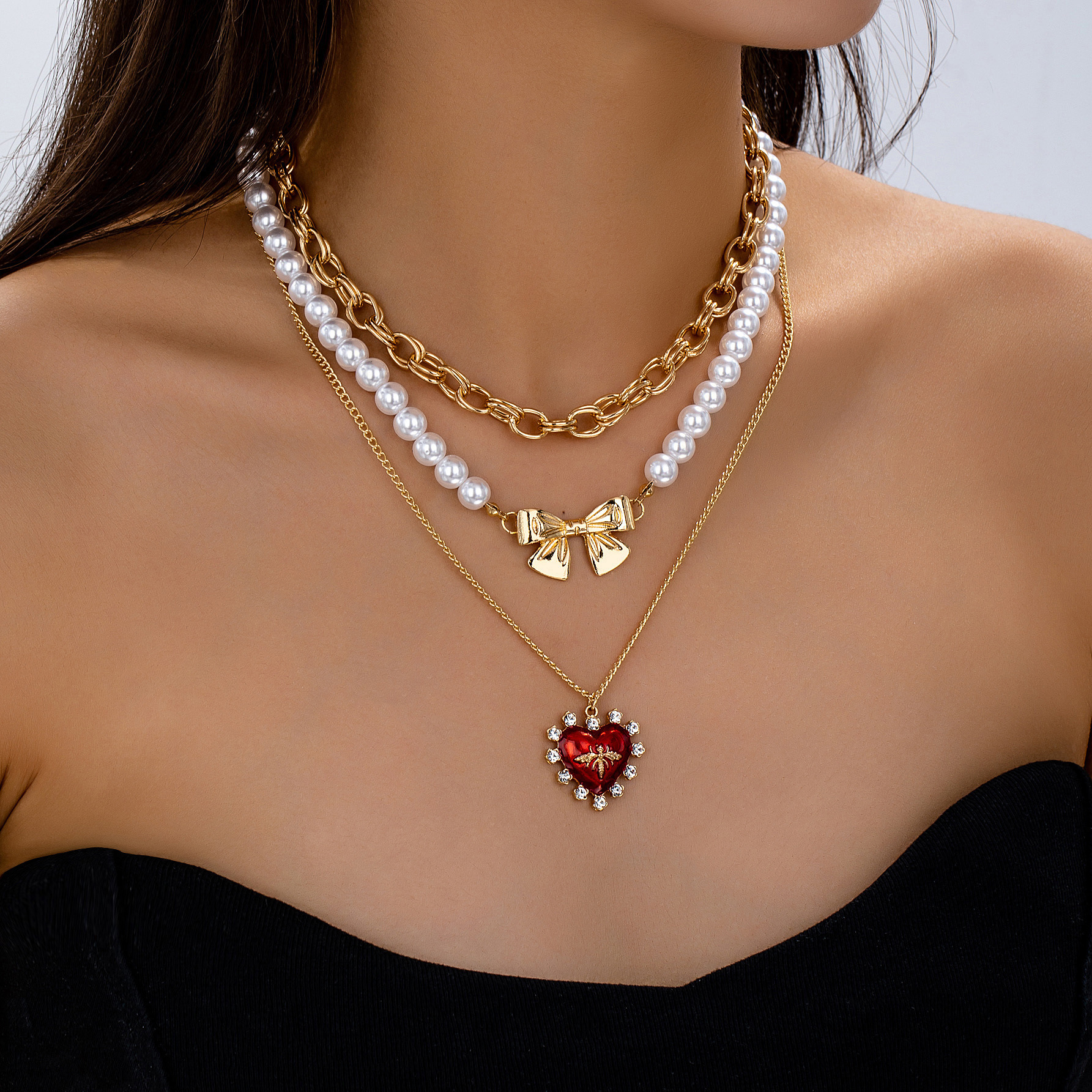 52g Weight Alloy Pendant Material Lady Heart Shape Imitation Pearl Alloy Beaded Chain Cable Chain Layered Necklaces Wholesale