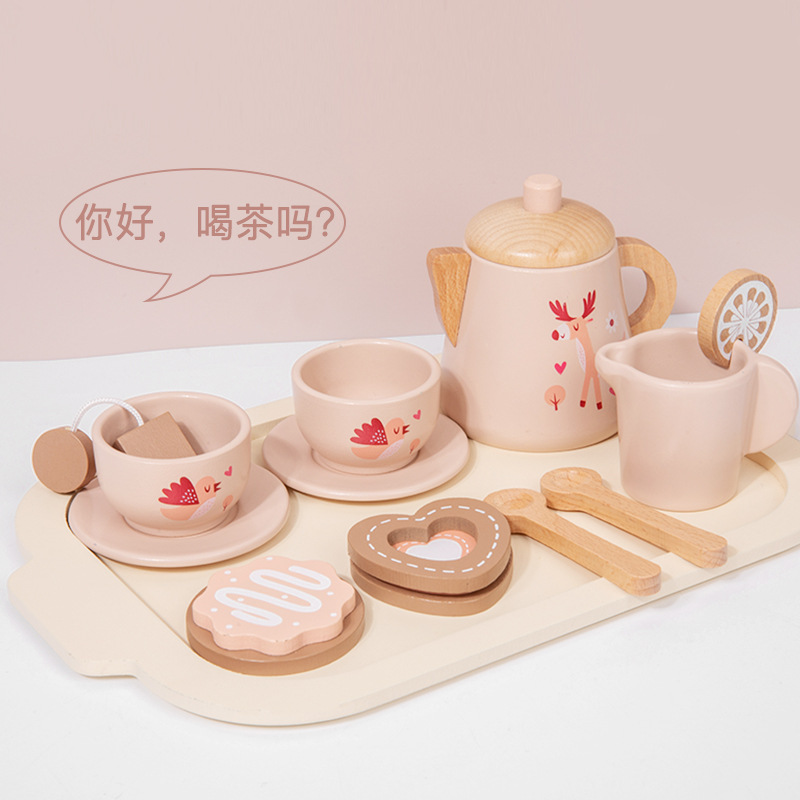 Simulación de madera para niños Té de la tarde Postre Tetera Vajilla Juego de té de cocina Combinación Juguetes educativos para jugar a la casa