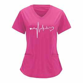 K 24902 Heart print V-neck women's caregiver tee 爱心印花 V