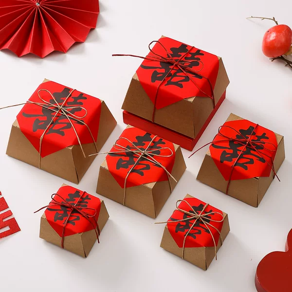 Chinese Wedding Candy Box Creative Kraft Paper Gift Packaging Box Retro Style Wedding Candy Box Return Gift Empty Paper Box