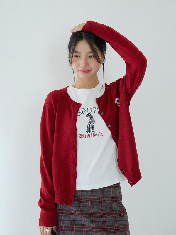 【欧凡】韩系刺绣走线小狗天朵绒白色短袖T恤女秋季内搭上衣3207|undefined