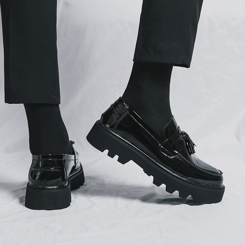 Cross-border plus size Patent Leather Business Casual Shoes Dress Shoes British Style Tassel Thick-soled Pointed Top Men's Fashionable Shoes