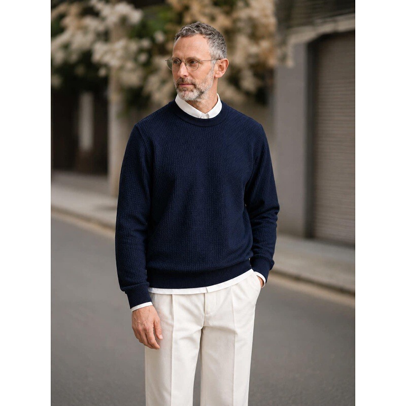 [Contains cashmere] Jacquard-textured knitted crew-neck sweater, a classic and stylish choice for business casual wear in autumn and winter, a lightweight men's sweater