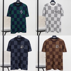 クロスボーダー ロバ Tシャツ 2025 新しい共同ブランド市松模様のラインストーン ジャカード ウール ニット男性と女性のカップル半袖