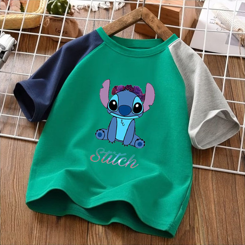 厂家直销童装 Stitch 史迪奇儿童卡通图案男女童拼色短袖T恤