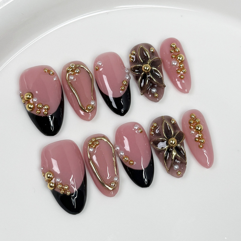 French-style elegant press-on nails, foreign trade cross-border nail stickers, press-on false nails, 3D carved pearl manicure