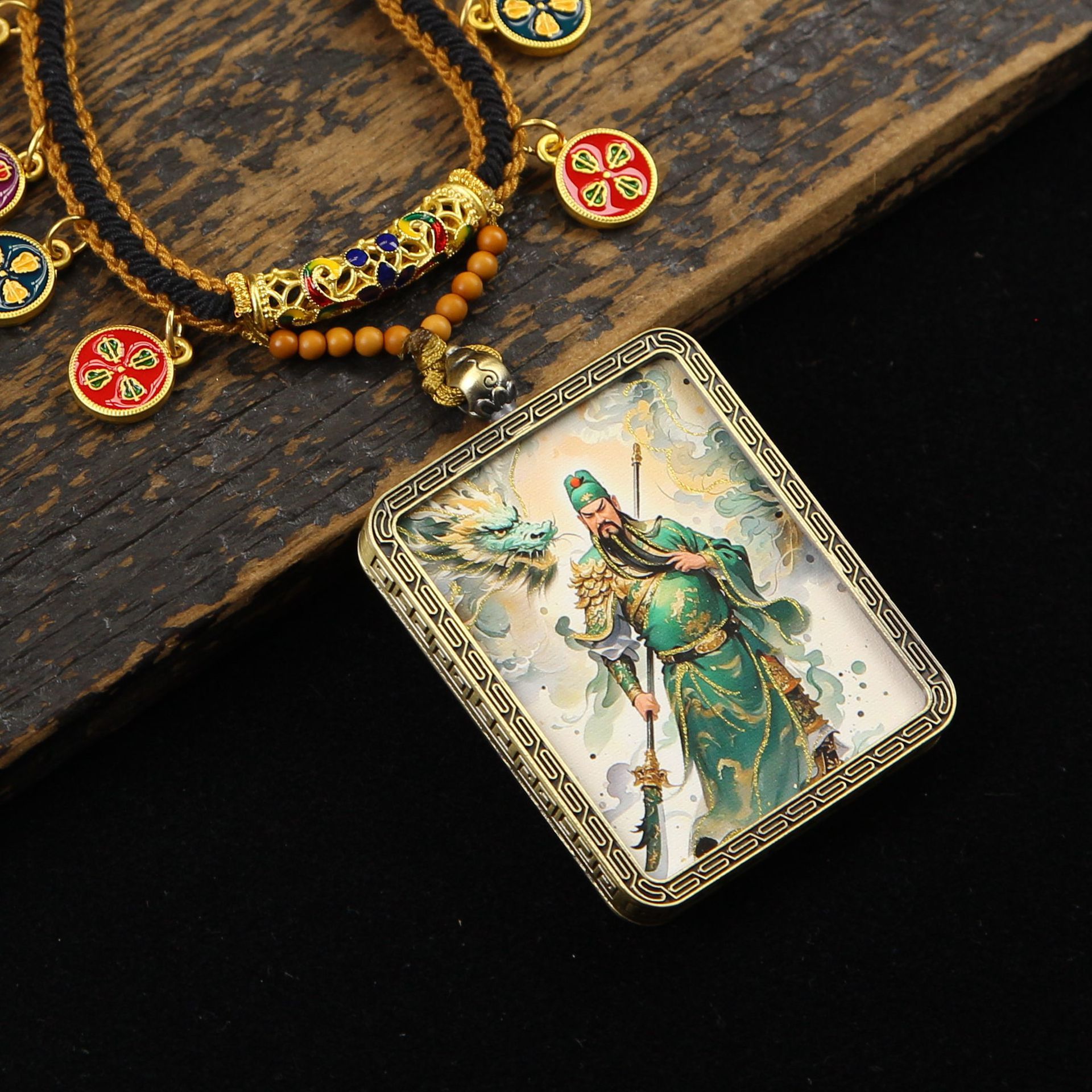 Chinese Retro Necklace Pendant with Gold-Painted Portrait of Guan Gong, Featuring a Blue Dragon and a Crescent-Shaped Sword