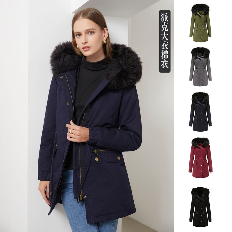 Women's Mid-Length Fur Collar Parka Coat, Cotton-Padded Jacket, 2026 Winter New Casual Women's Cross-Border Coat