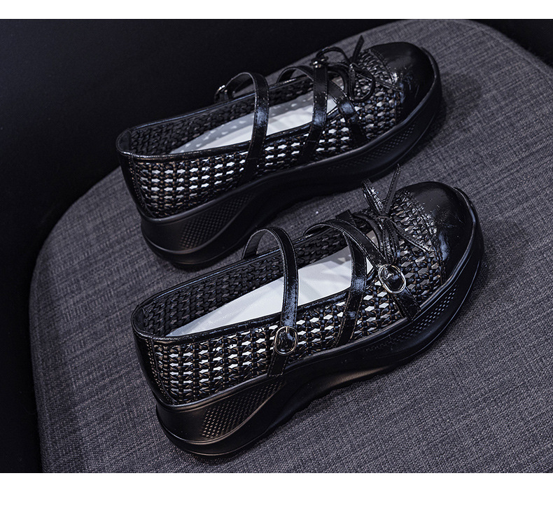 Giày sneaker nữ chunky đế dày dệt kim thoáng khí, phong cách Hàn Quốc, quai chéo, đế dày — Trắng 5097, Vàng 5097, Đen 5097 chi tiết 30