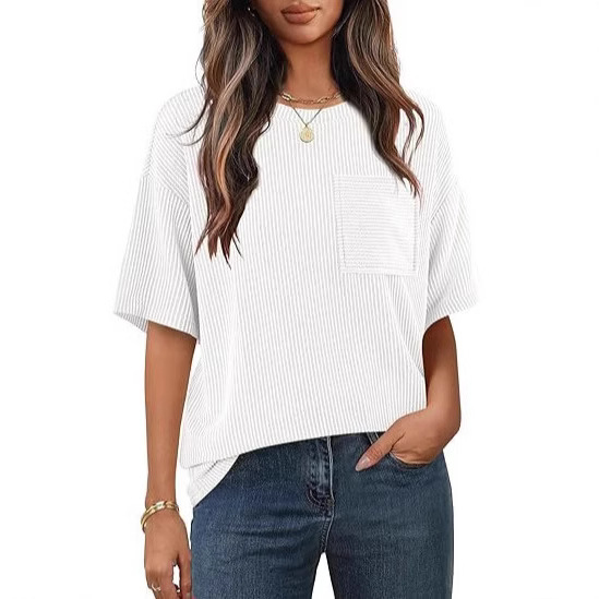 cross-border European And American Women's Summer Short-sleeve Pocket Top, Oversized Round-neck Textured Casual_ecoleips.com