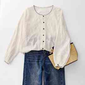 勾线花边圆领文艺长袖衬衫包扣设计显瘦百搭薄款刺绣衬衣