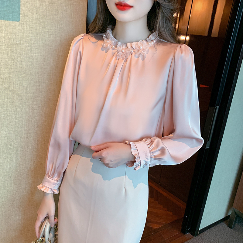 Stand-up collar shirt 2026 autumn new women's long-sleeve top, versatile shirt for both inner and outer wear, unique ruffled collar base shirt