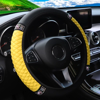 Car Steering Wheel Cover, Leather Steering wheel cover - yellow-36-38cm