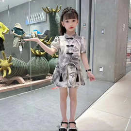 女童时髦套装夏款2024新款洋气中大童装女孩水墨画汉服两件套童装