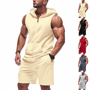 Cross-Border 2025 Amazon Men's Summer Suit Style Men's Fitness Zipper Loose Casual Hooded Men's Vest Suit