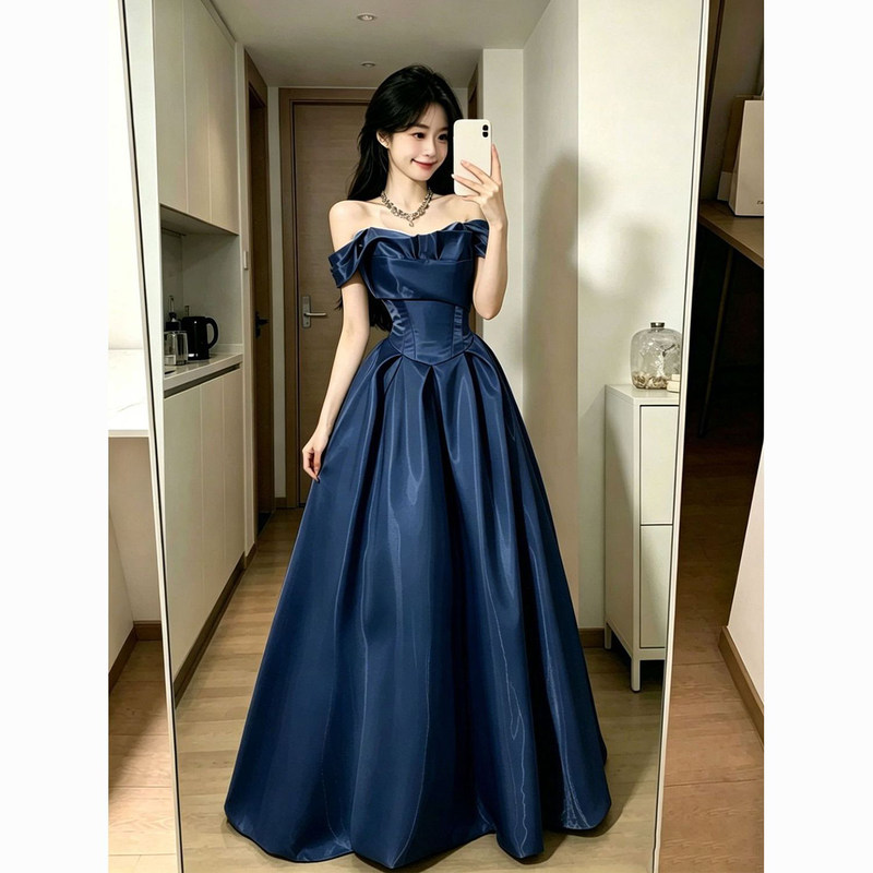 Navy Blue Evening Dress, High-End One-Shoulder Style, Suitable for Birthday Parties, Coming-Of-Age Ceremonies, Graduation, Host Roles, Vocal Performances, and Art Exams Navy Blue Evening Dress, High-End One-Shoulder Style, Suitable for Birthday Parties, Coming-Of-Age Ceremonies, Graduation, Host Roles, Vocal Performances, and Art Exams
