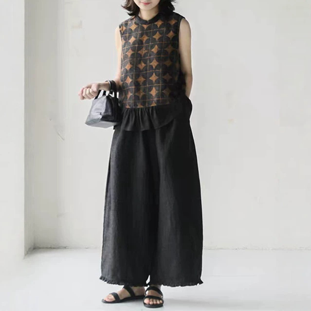 2026 Young Style Ruffled Hem New Chinese Style Silk Xiangyun Silk Blouse Retro Geometric Print Sleeveless Top 2026 Young Style Ruffled Hem New Chinese Style Silk Xiangyun Silk Blouse Retro Geometric Print Sleeveless Top