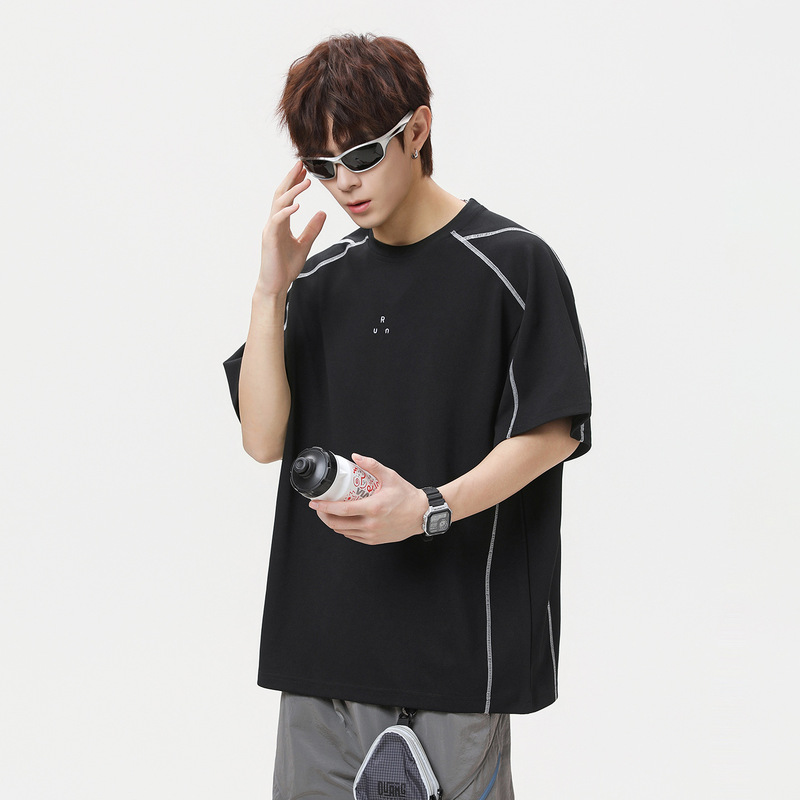 Color-Blocked Printed Short-Sleeve T-Shirt for Men, Summer Style, Textured Breathable Sports T-Shirt, Trendy American-Style Couple's Half-Sleeve Shirt Color-Blocked Printed Short-Sleeve T-Shirt for Men, Summer Style, Textured Breathable Sports T-Shirt, Trendy American-Style Couple's Half-Sleeve Shirt