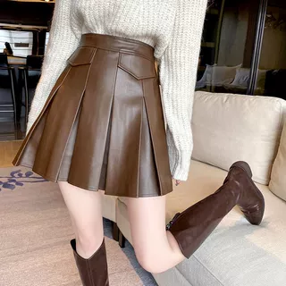 高腰皮裙百褶a字裙女2024秋冬新款显瘦短裙纯色设计感气质半身裙