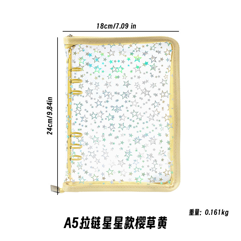Corea del Sur De allí plana transparente brillo de la cremallera de 6 agujeros de hojas sueltas cuaderno ins estrella persiguiendo Diario A5A6