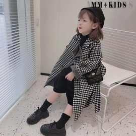 女童韩版尼子大衣春秋中长款毛呢外套加厚时尚网红千鸟格翻领大衣