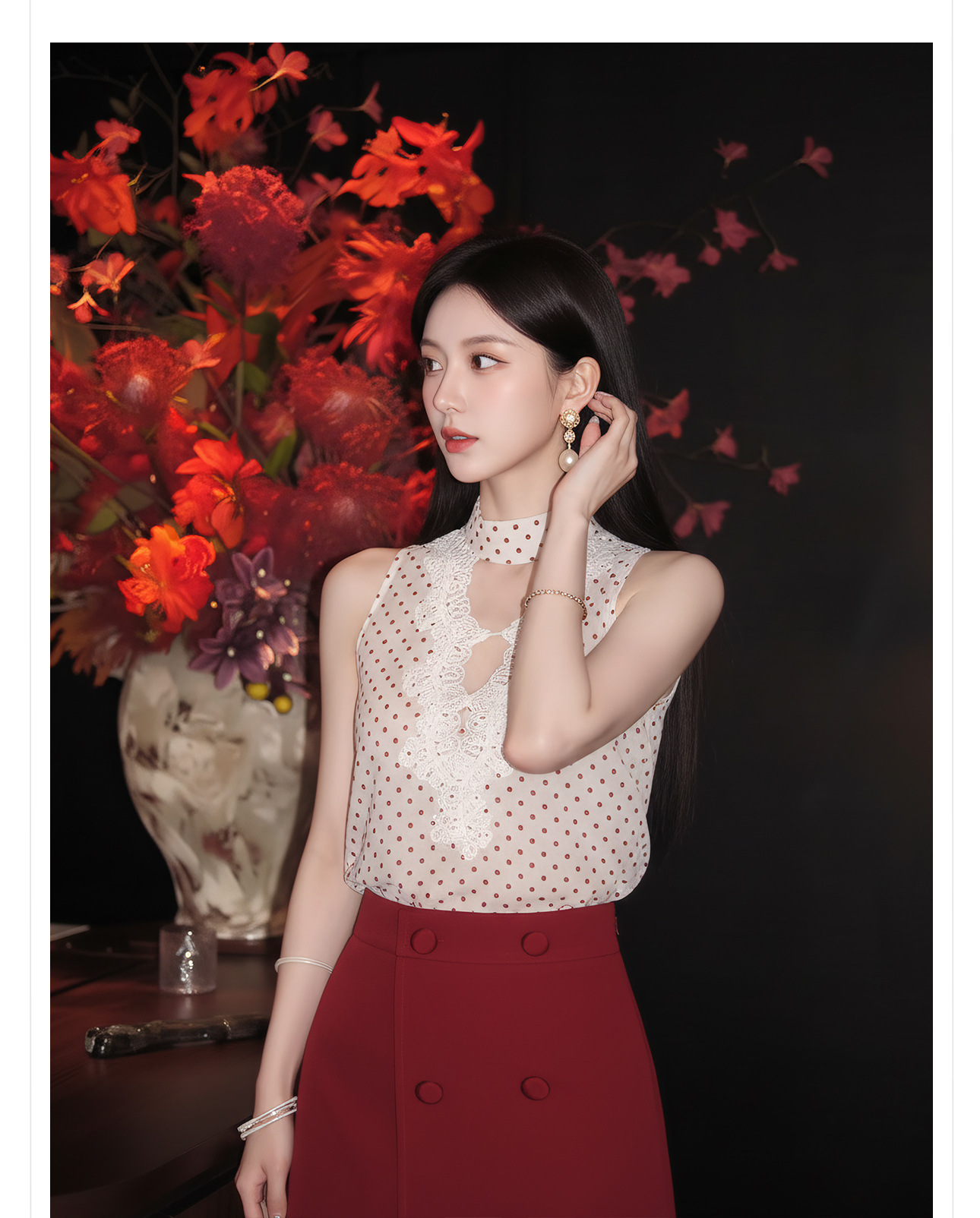 Bộ áo vest và chân váy ngắn họa tiết chấm bi phong cách tân cổ điển mùa hè — Trang phục [Vest+Half Dress], nửa váy, Trang phục [Áo vest+quần short], quần đùi chi tiết 3