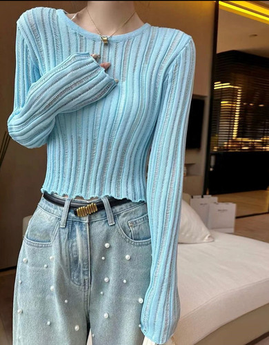 3357 Women's Spring and Summer 2025 Design Sensory Fitted Sun Protection Short Sleeve Knit Top with Hollowed-out Design