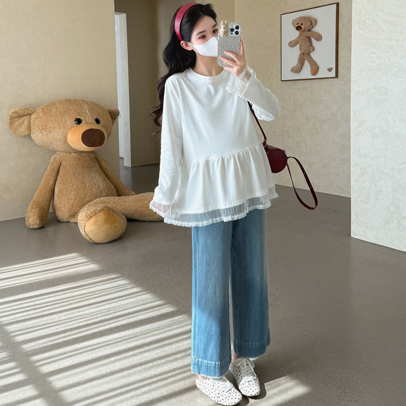 现货秋冬孕妇上衣百搭叠穿蕾丝拼接打底宽松内搭长袖白孕妇T恤|undefined