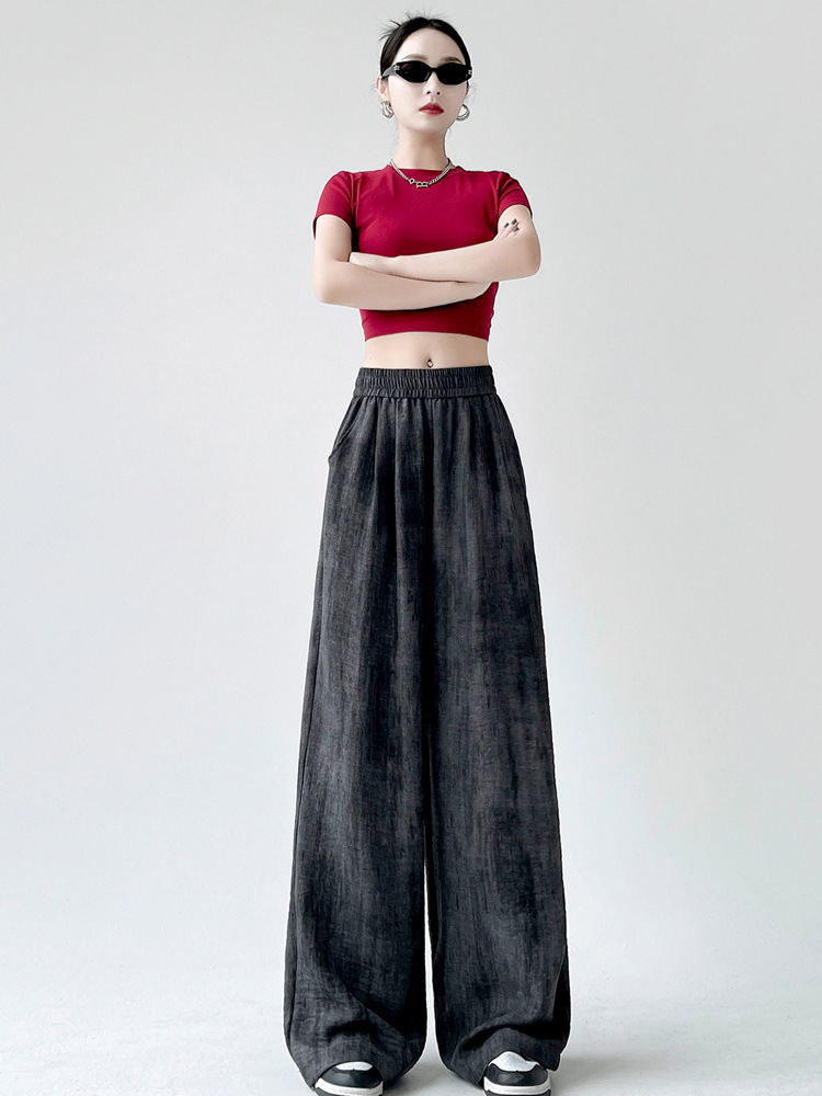 Quần culottes nữ ống rộng phong cách lười biếng, cạp cao suông rủ, kiểu dáng dài chạm đất — Xám đen