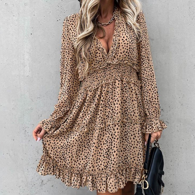 2021亚马逊速卖通外卖跨境欧美秋季时尚性感豹纹V领长袖连衣裙|ms