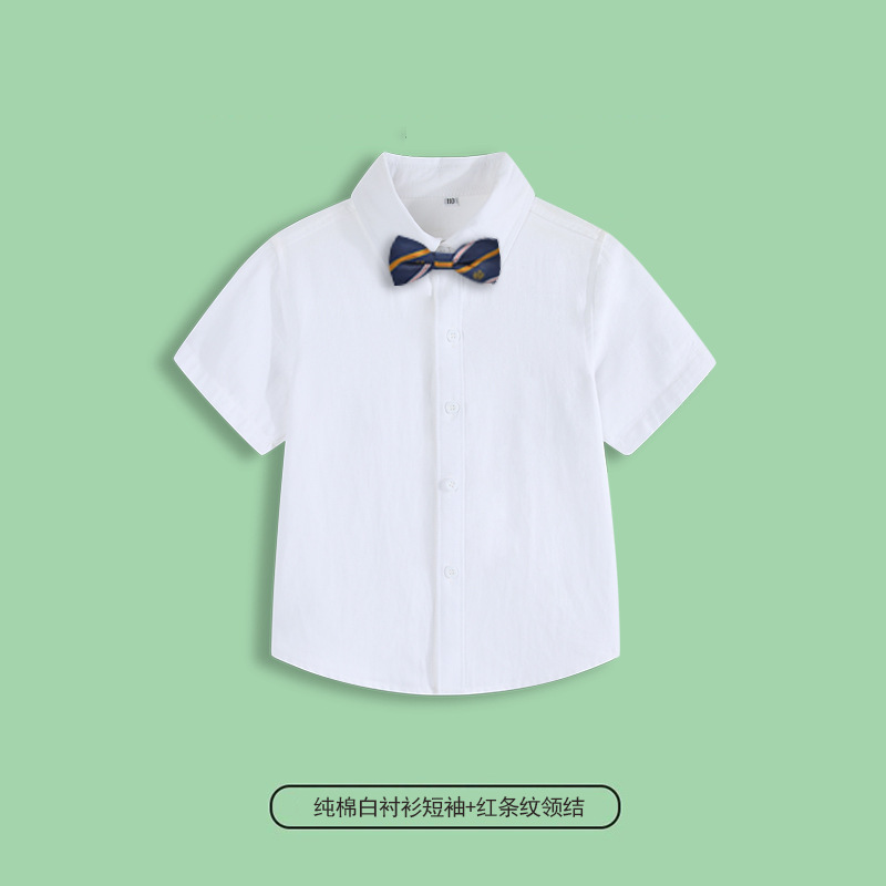 Camisa blanca de manga corta 100% algodón + pajarita azul a rayas. / 110cm