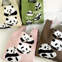 熊猫手提包女针织毛线水桶包日韩版百搭手拎休闲托特包盒饭袋单肩