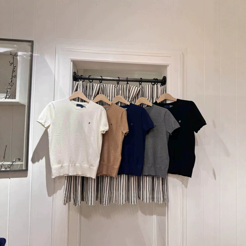 Rl Ralph Lauren Embroidered Knit Sweater for Women, Summer Round-Neck Stylish Core-Spun Yarn Short-Sleeve Breathable Top T-Shirt for Women