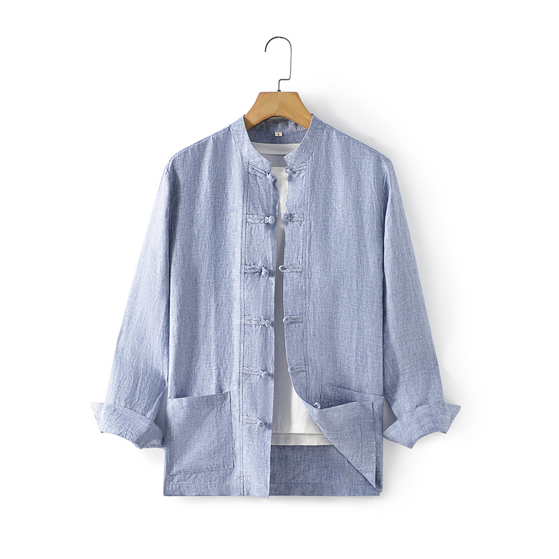 Primavera 2024 hombres de lino estilo nacional camisa suelta retro hebilla chino stand collar manga larga E009