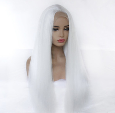 Europeos y estadounidenses cubierta de cabello blanco puroyaki largo recto fibra química delante de encaje medio tejido mano peluca cubierta de cabello LW0160