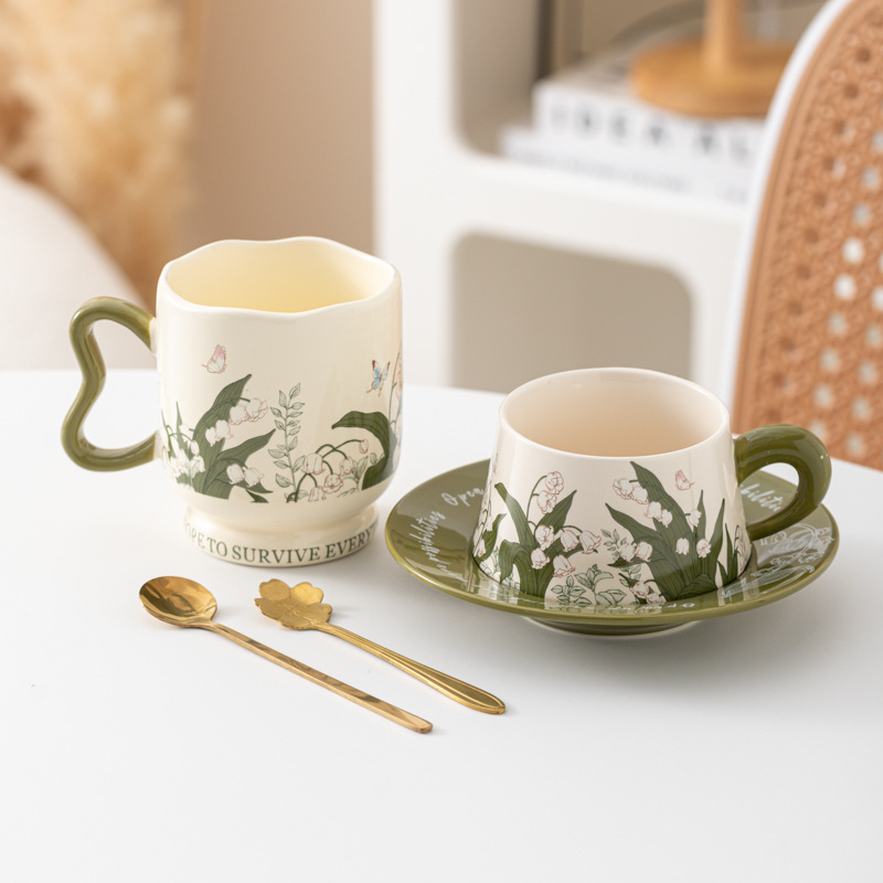 玲珑花咖啡杯碟套装高颜值陶瓷马克杯原创水彩画时尚陶瓷咖啡杯碟
