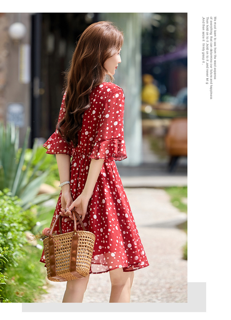Đầm maxi nữ thắt eo cổ V in chấm bi đỏ — màu đen, màu đỏ chi tiết 25