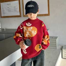 男童秋冬季新款时尚休闲风圆领毛衣中大童喜庆中式本命年针织衫