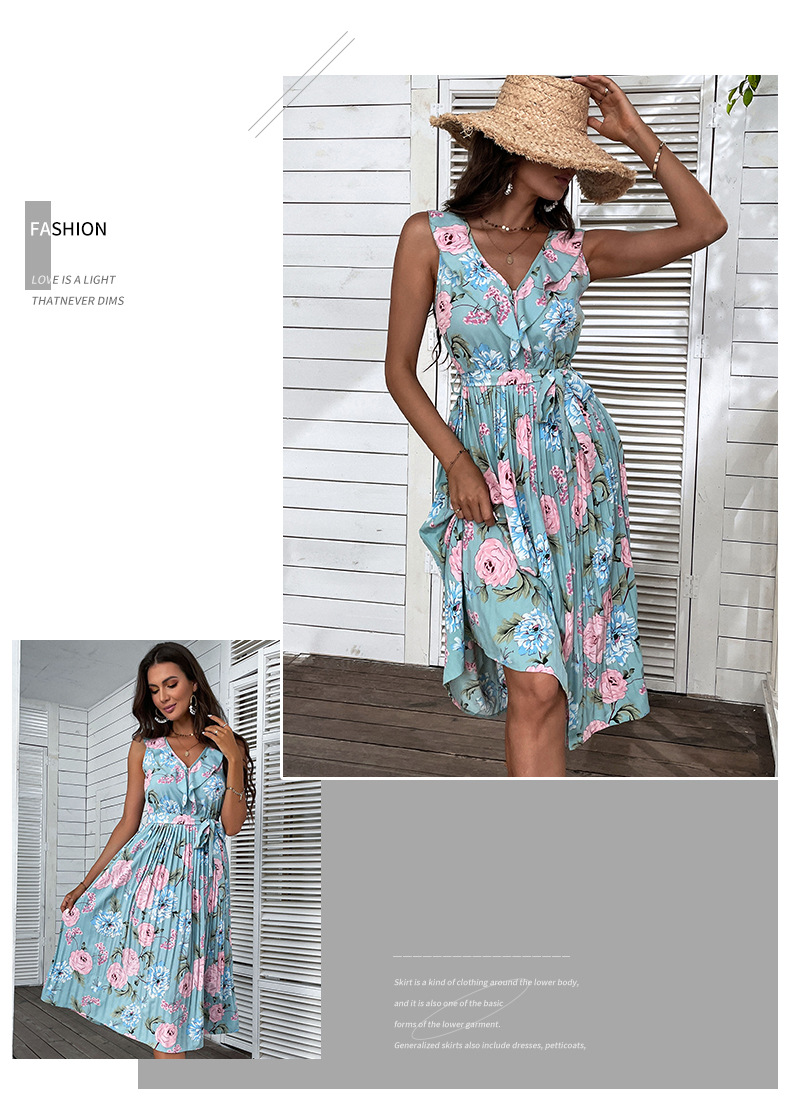 pleated flower print ruffled lace-up backless v neck dress NSDMB127447