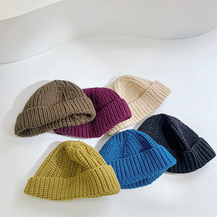 Children's Hat Autumn Pure Color Baby Large Brim Woolen Hat Autumn and Winter Boys and Girls Melon Skin Hat Knitted Hat
