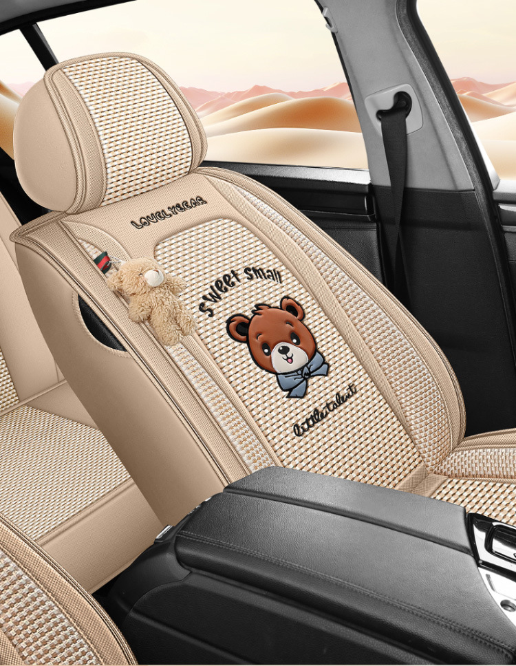 New All-Season Universal Car Seat Cushion, Full-Coverage Seat Cover, Cartoon Cute Linen, High-Grade Goddess Breathable Cotton