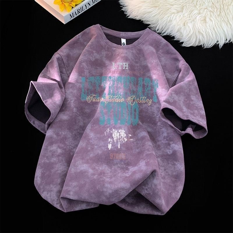 T-shirt de mangas cortas de verano tiñida de moda para niños inches deportivos sueltos impresión de cuello redondo media manga camisa adolescente