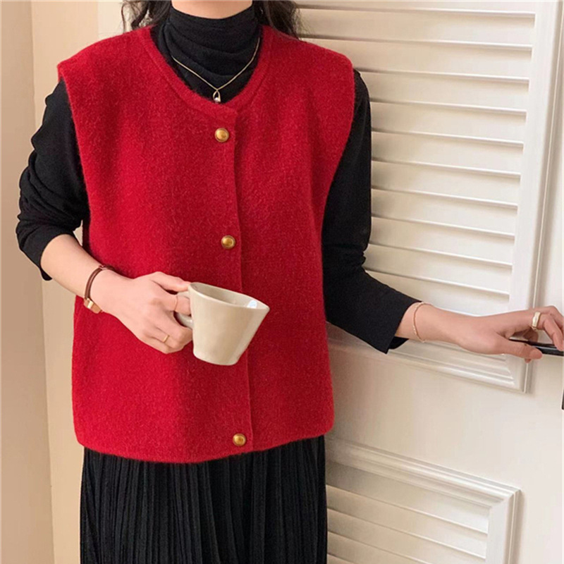Chaleco Cárdiğan de Punto para Mujer de Cachemira de Punto Cuello Redondo Sin Mangas con Botones para Invierno