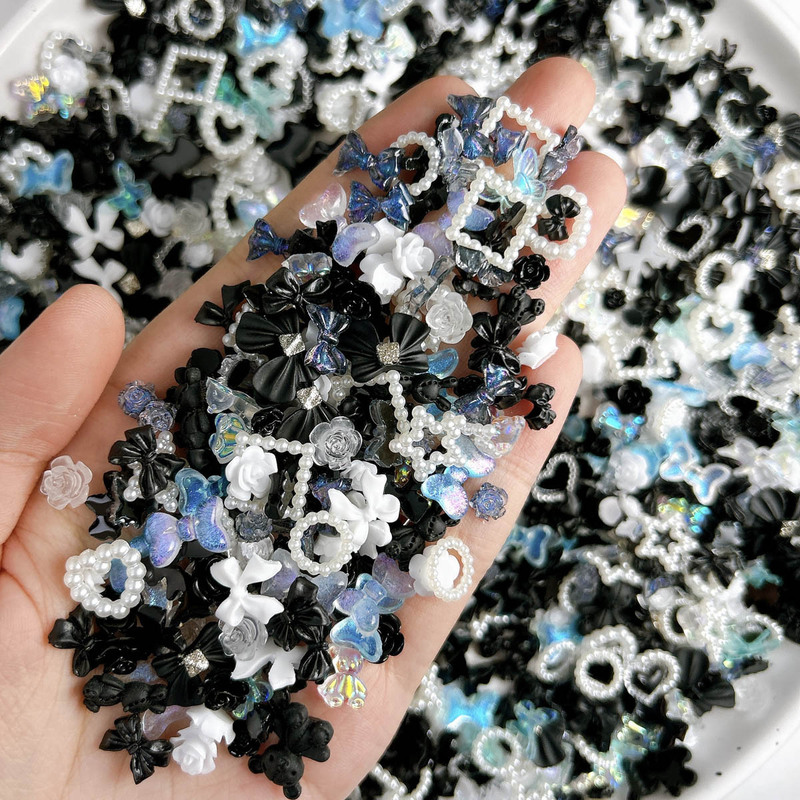 50 Dark Mixed Style Nail Art Accessories, Ribbons, Bows, Bears, Pearls, Flowers, Simple Nail DIY Accessories