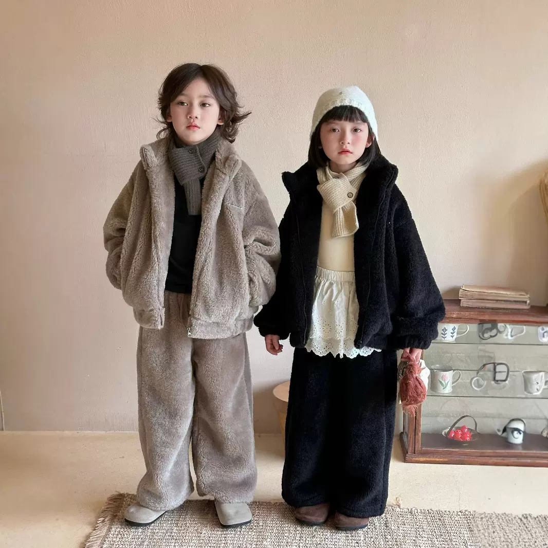 2025冬季新款韩版儿童毛毛套装男女童时尚保暖外套长裤两件套洋气