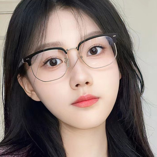 New TR90 eyebrow metal flat mirror for women, trendy Korean style men's myopia glasses frame, fashionable anti-blue light glasses frame